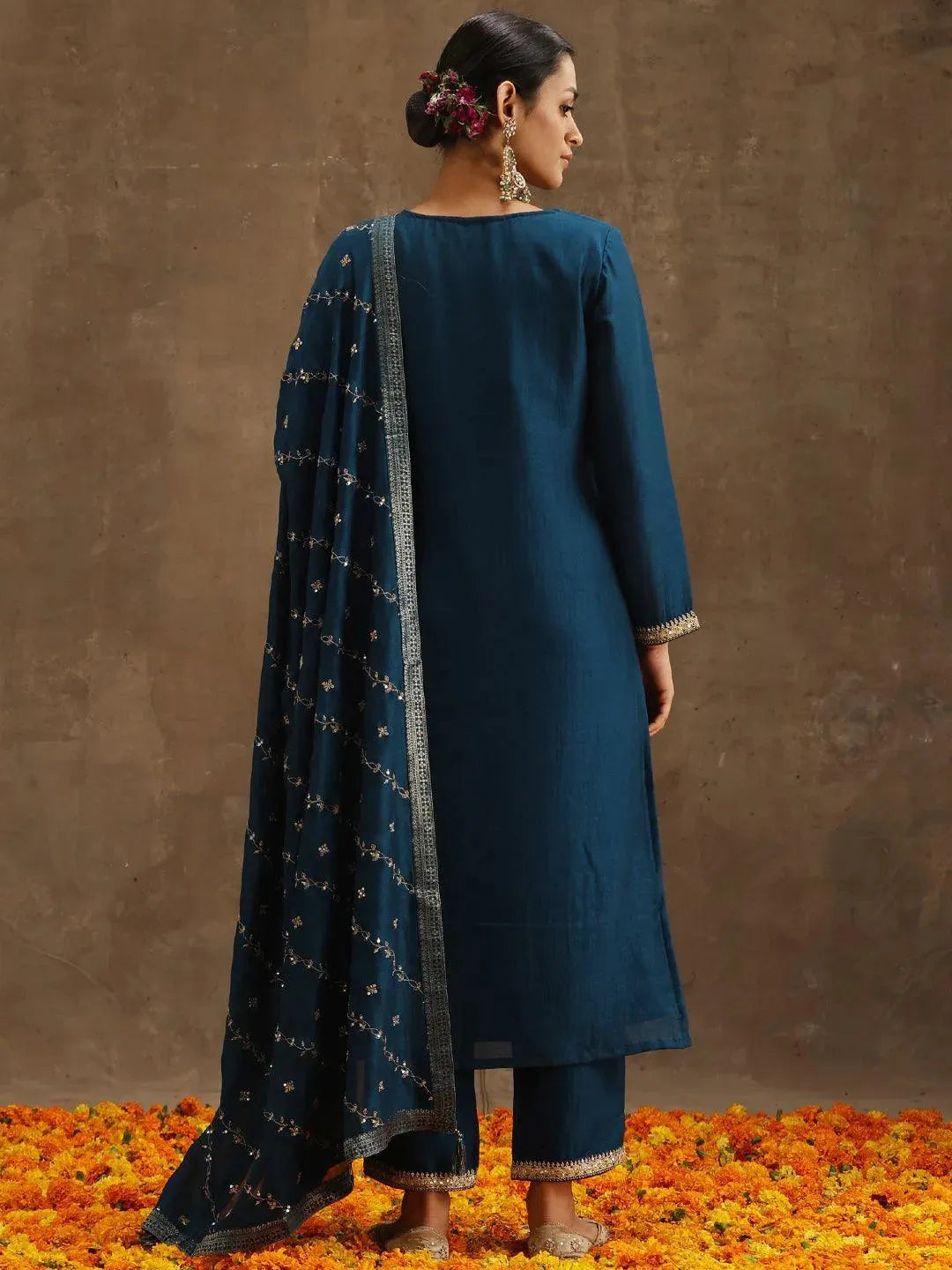 Teal Embroidered Silk Blend Suit Set With Trousers - Libas 