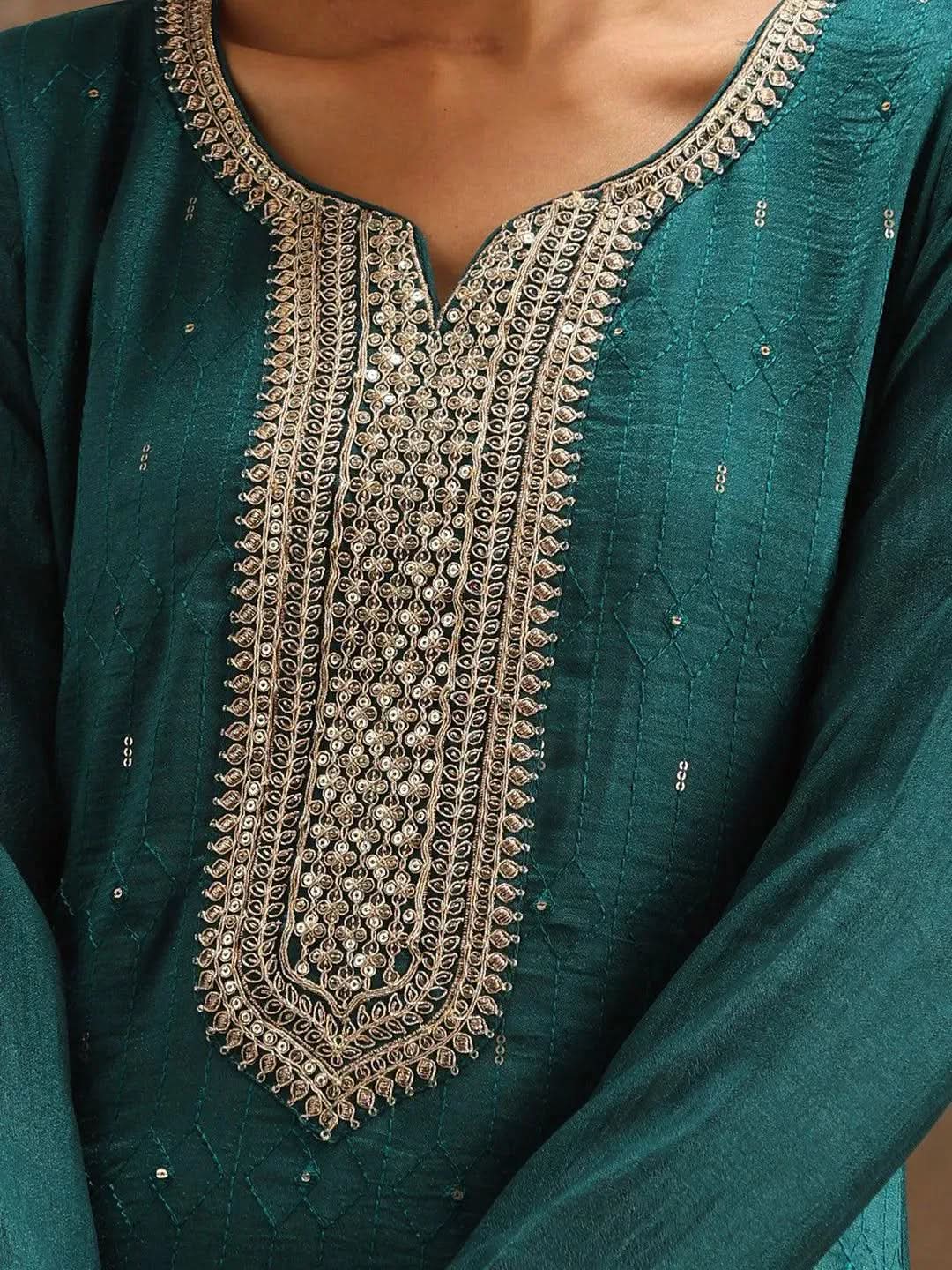Teal Embroidered Silk Blend Suit Set With Trousers - Libas 