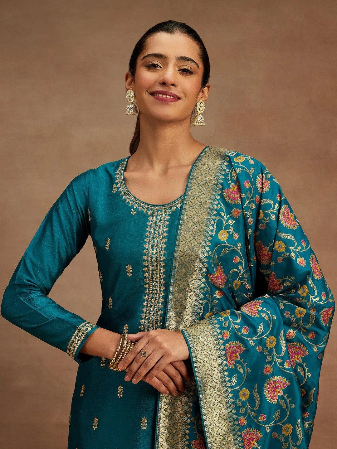 Teal Embroidered Silk Blend Straight Kurta With Trousers & Dupatta - Libas