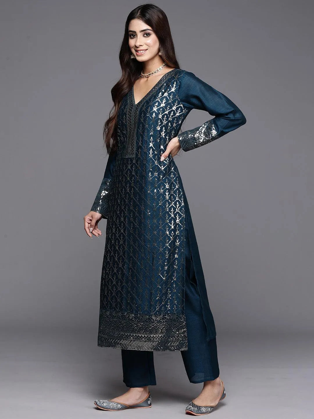 Teal Embroidered Silk Blend Straight Kurta With Trousers & Dupatta - Libas 