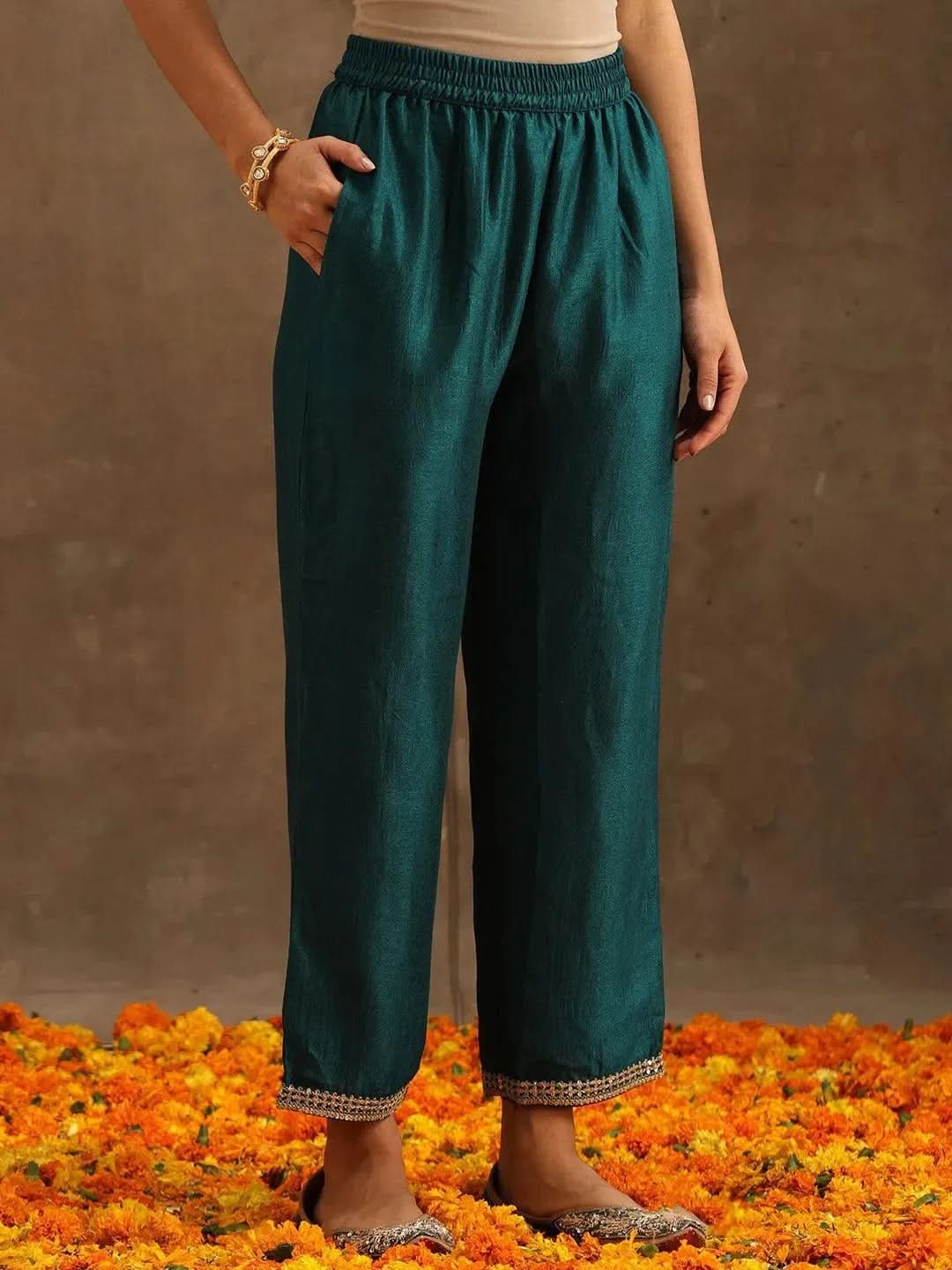 Teal Embroidered Silk Blend Suit Set With Trousers - Libas