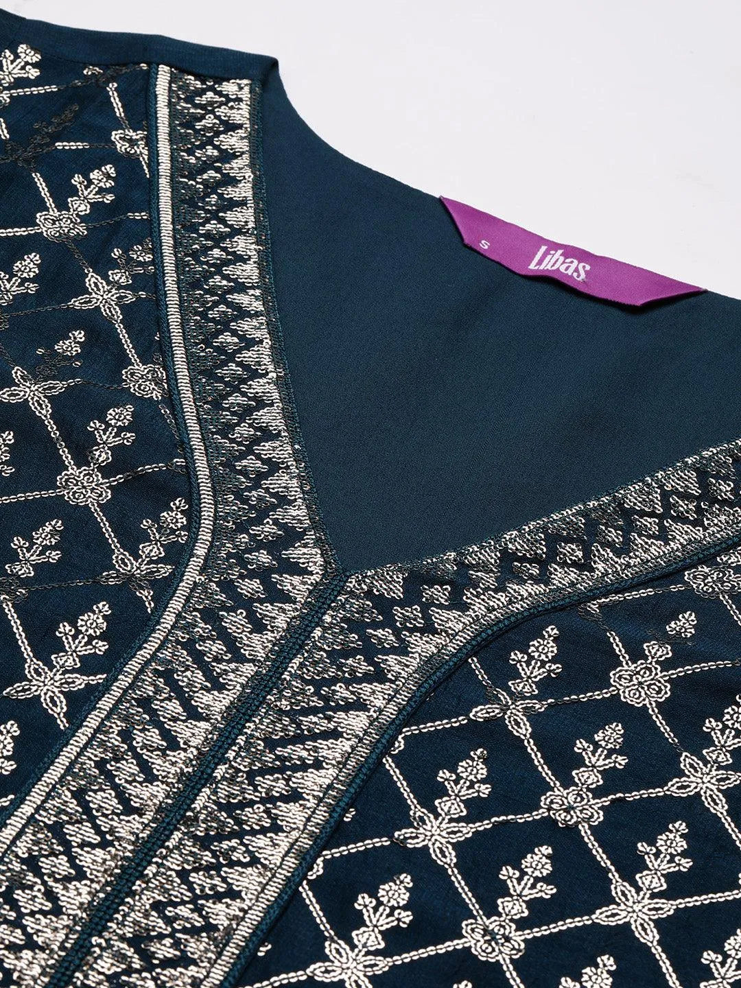 Teal Embroidered Silk Blend Straight Kurta With Trousers & Dupatta - Libas 