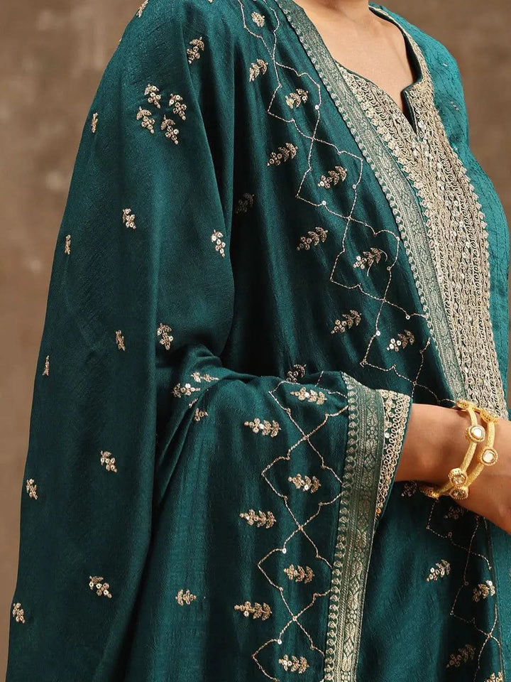 Teal Embroidered Silk Blend Suit Set With Trousers - Libas