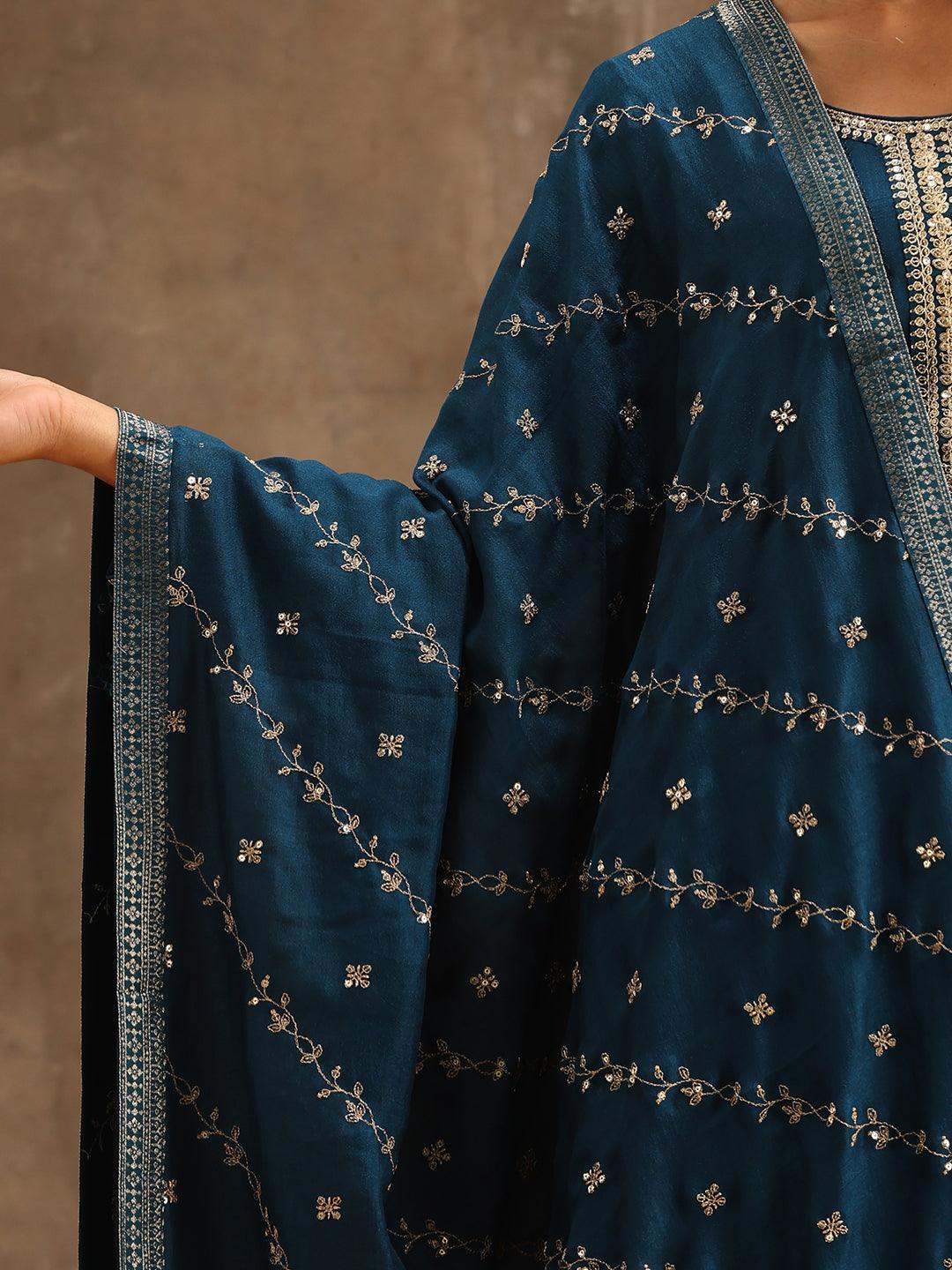 Teal Embroidered Silk Blend Pakistani Suit