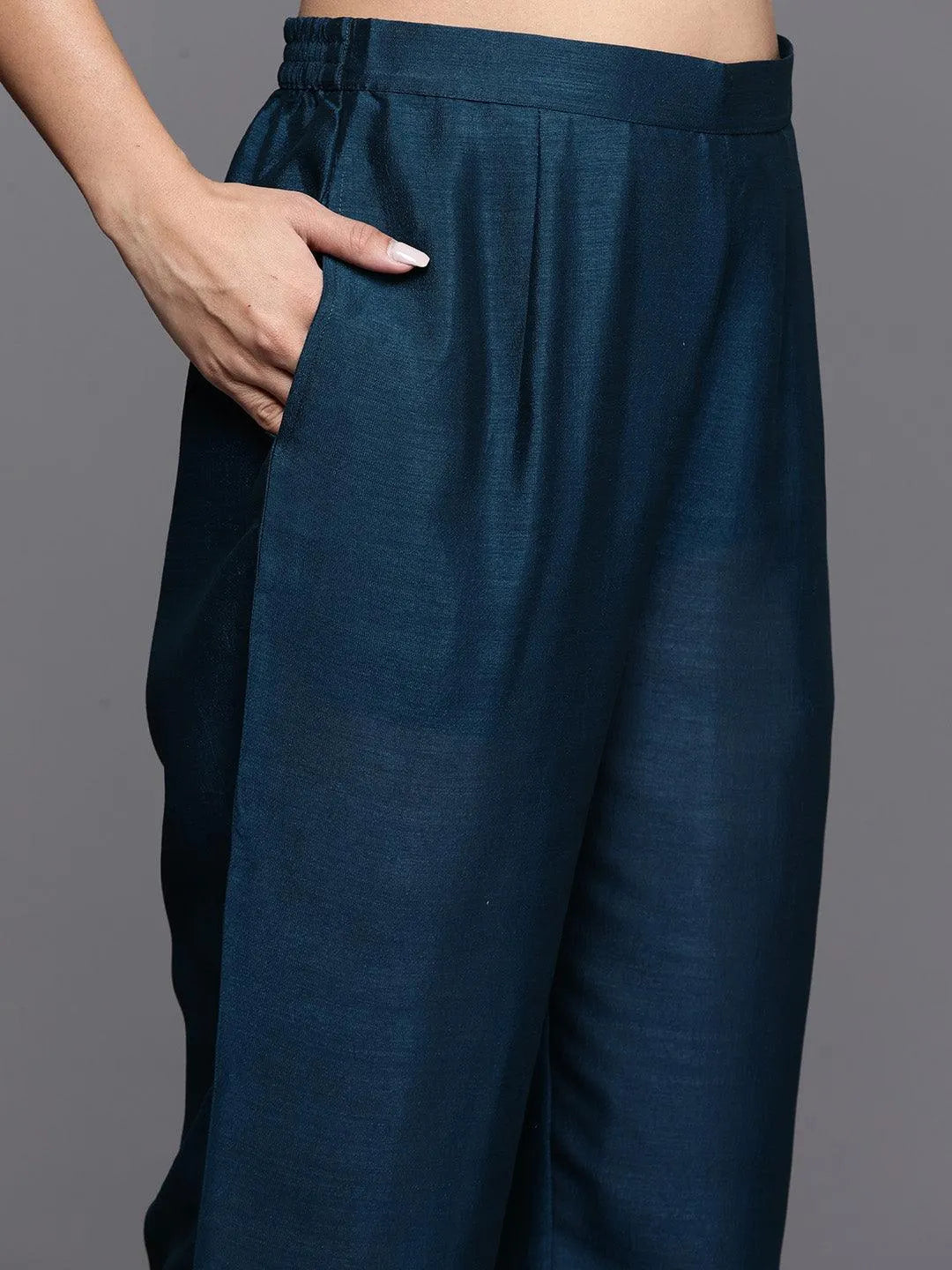 Teal Embroidered Silk Blend Straight Kurta With Trousers & Dupatta - Libas 