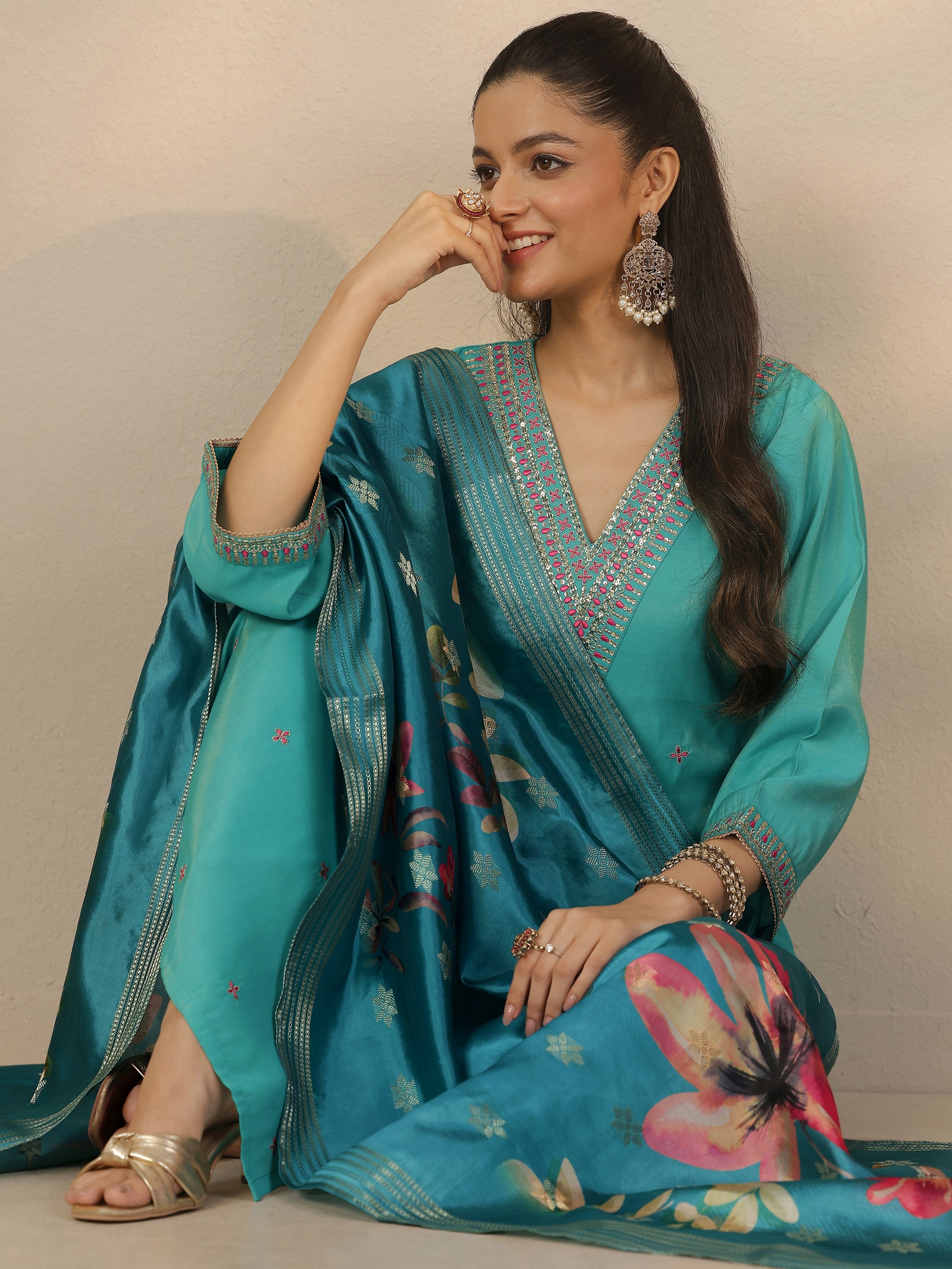 libas Teal Embroidered Silk Blend Straight Suit Set With Dupatta-picture-26