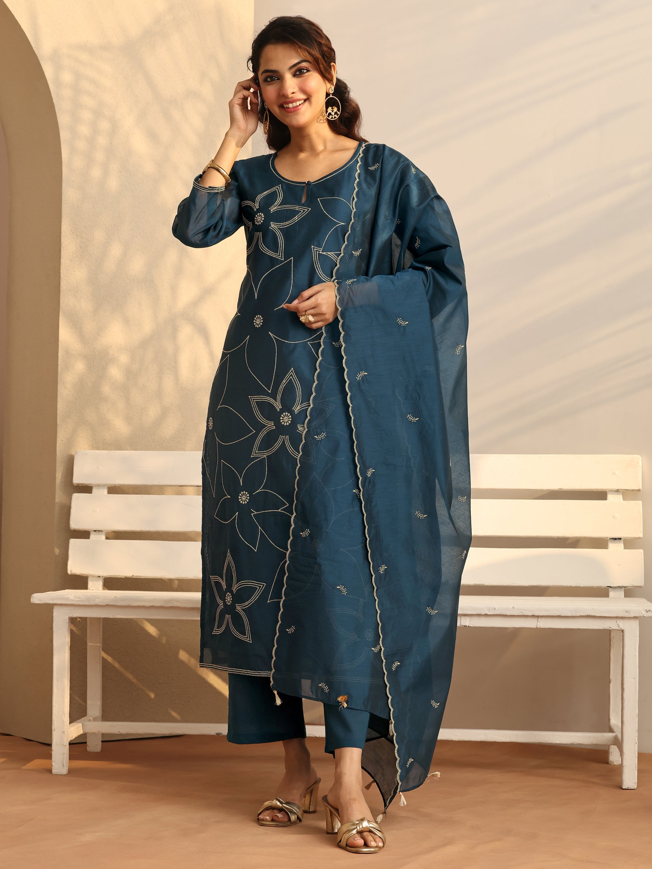 libas Teal Embroidered Silk Blend Straight Suit Set With Dupatta-picture-24