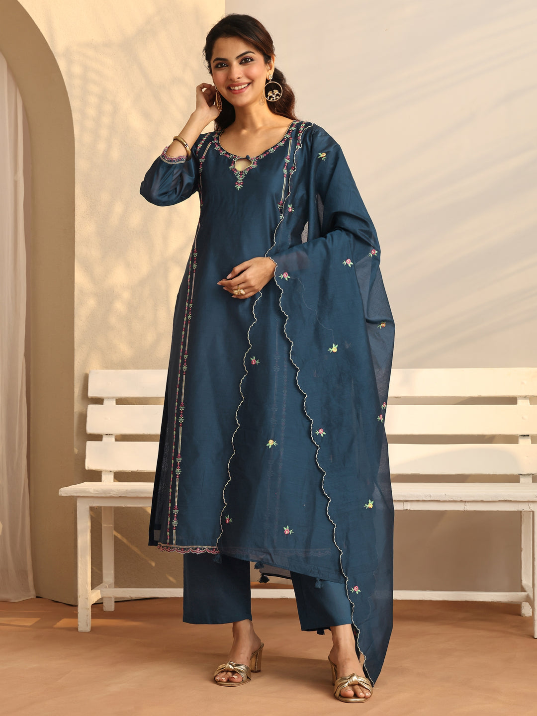 Teal Embroidered Silk Blend Straight Suit Set With Dupatta