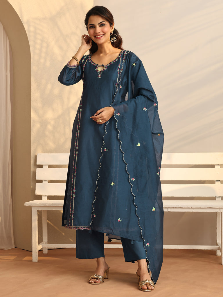 Libas Teal Embroidered Silk Blend Straight Suit Set With Dupatta