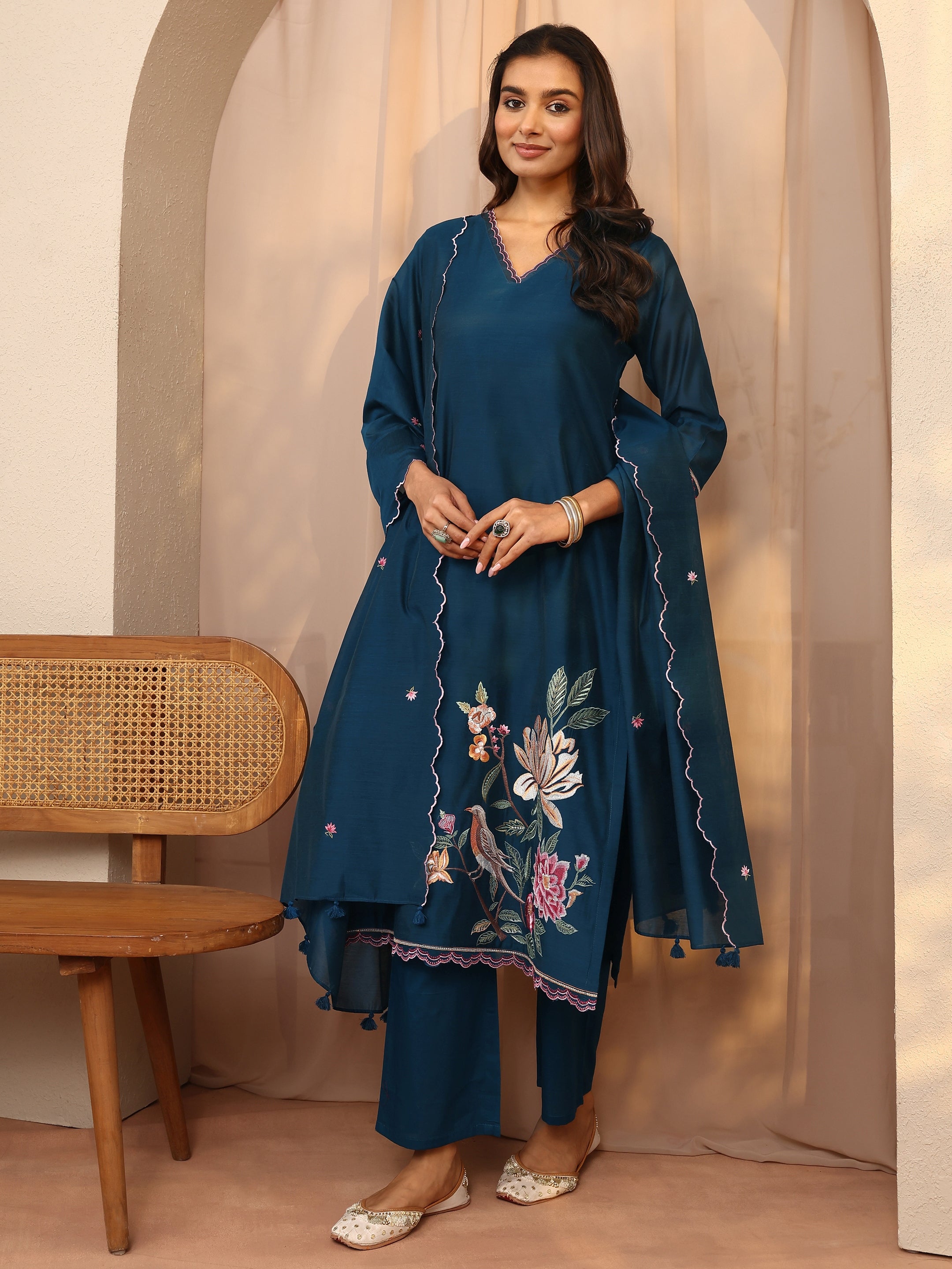 libas Teal Embroidered Silk Blend Straight Suit Set With Dupatta-picture-36