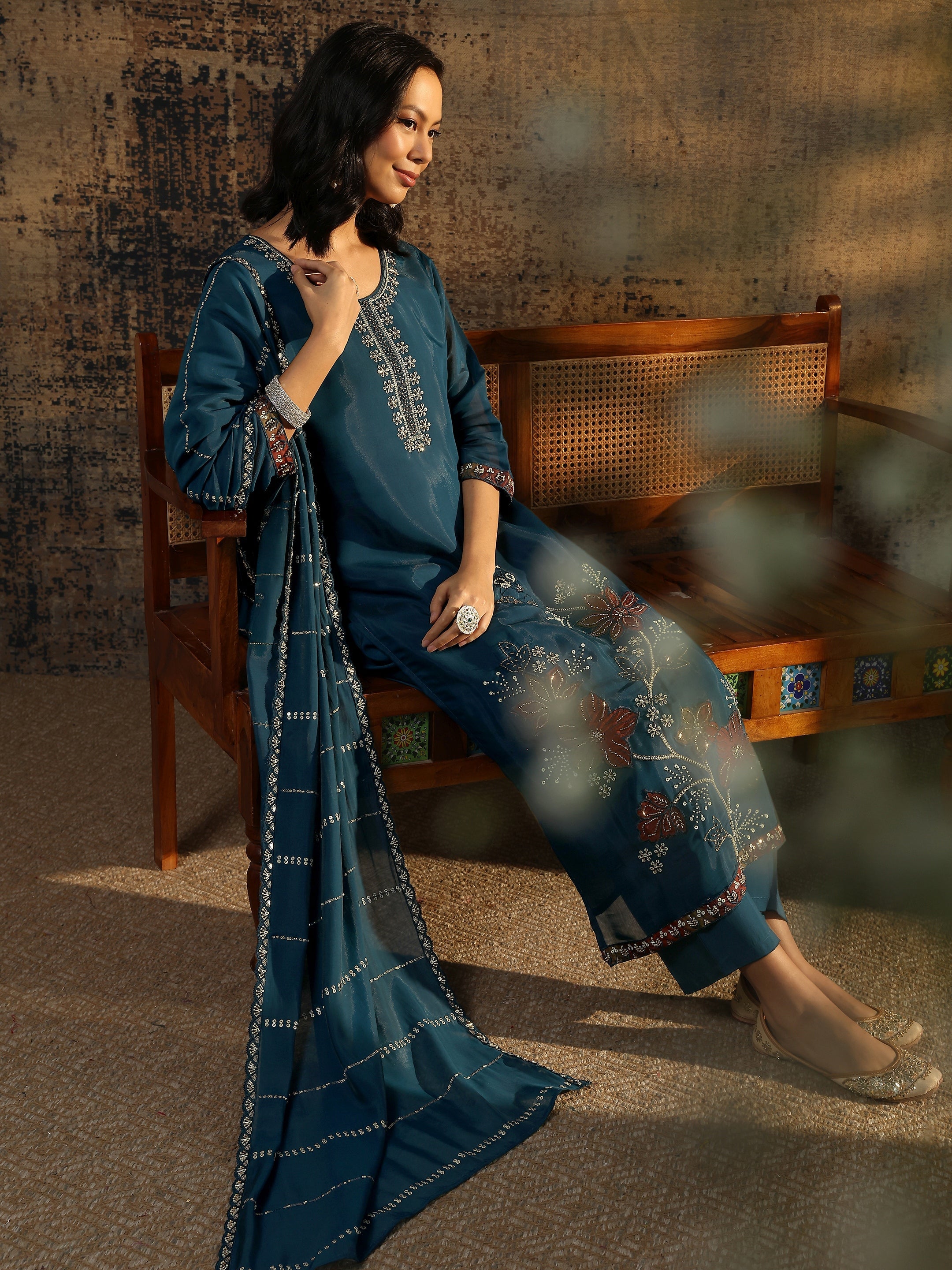 libas Teal Embroidered Silk Blend Straight Suit Set With Dupatta-picture-31