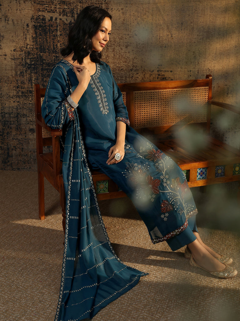 Libas Teal Embroidered Silk Blend Straight Suit Set With Dupatta
