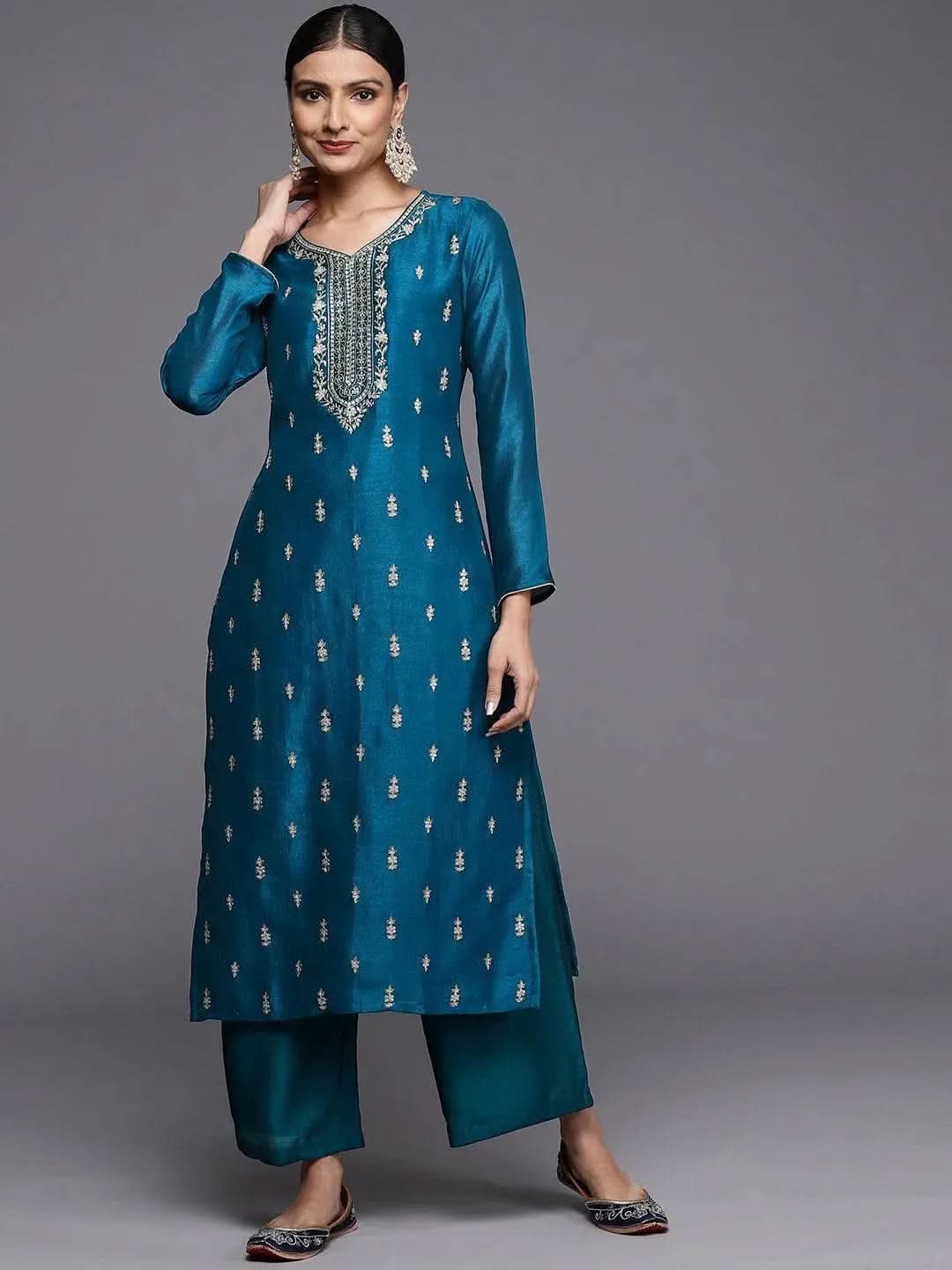 Teal Embroidered Silk Straight Kurta - Libas 