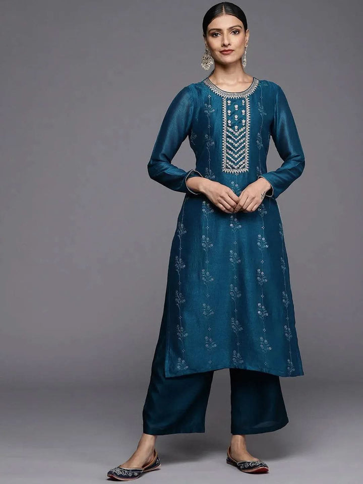 Teal Embroidered Silk Straight Kurta - Libas