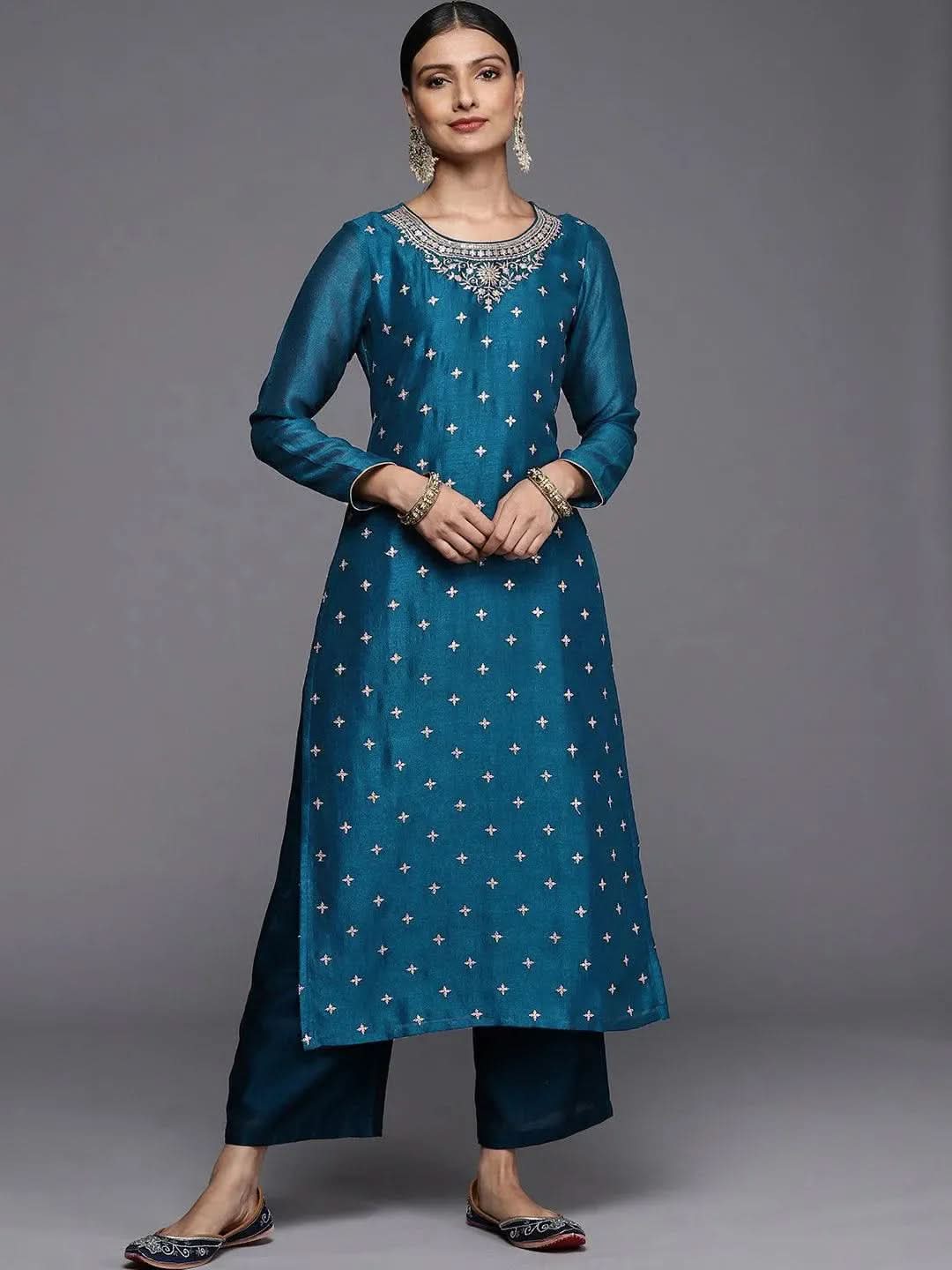 libas Teal Embroidered Silk Straight Kurta-picture-67