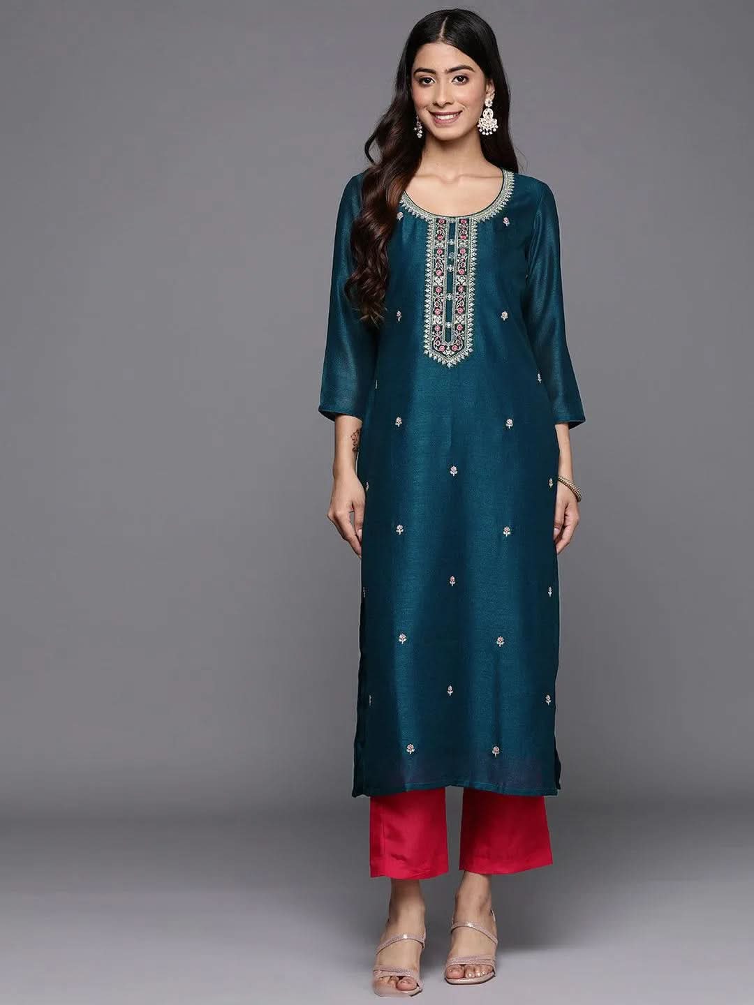 libas Teal Embroidered Silk Straight Kurta-picture-36