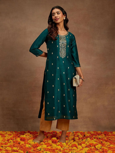 Teal Embroidered Silk Straight Kurta - Libas