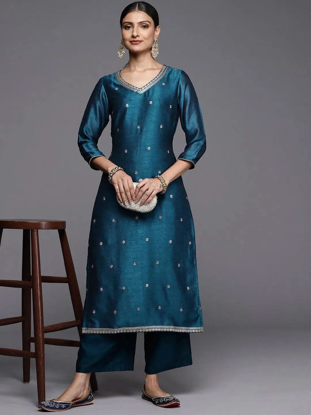 Teal Embroidered Silk Straight Kurta - Libas 