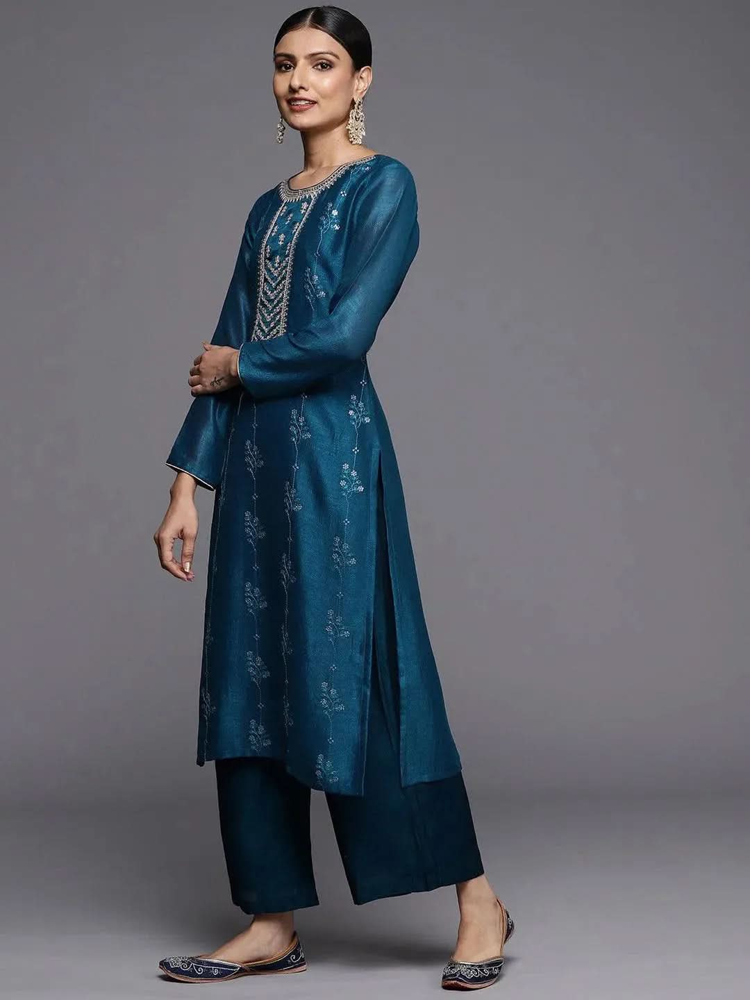 Teal Embroidered Silk Straight Kurta - Libas 