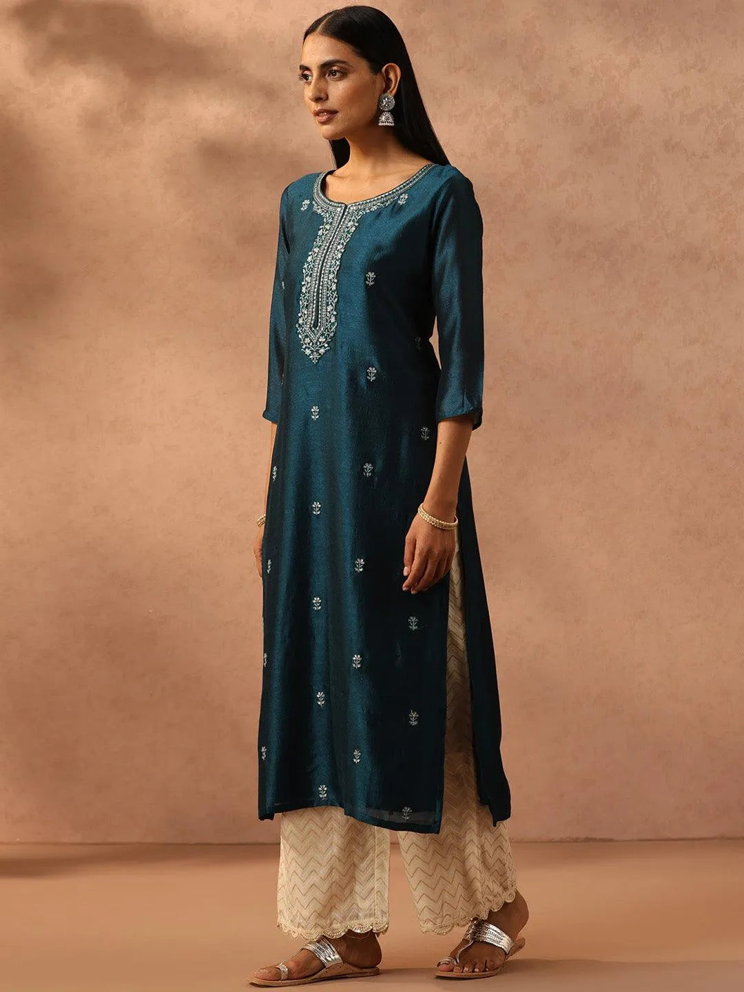 Teal Embellished Silk Straight Kurta - Libas