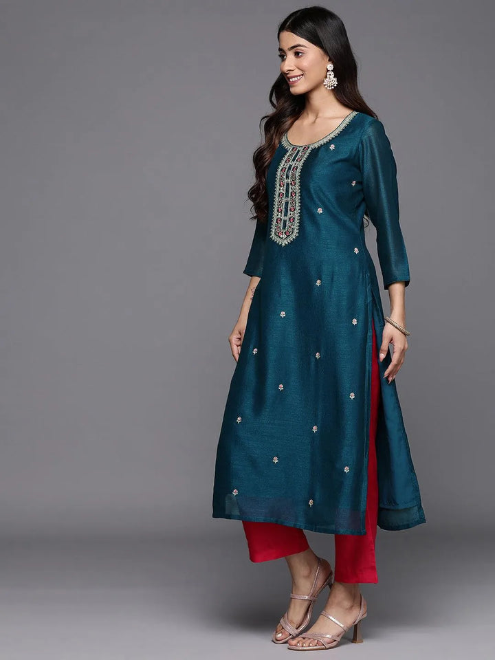 Teal Embellished Silk Straight Kurta - Libas