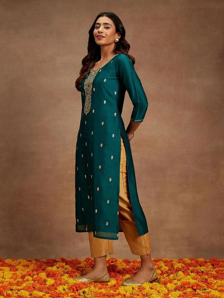 Teal Embroidered Silk Straight Kurta - Libas