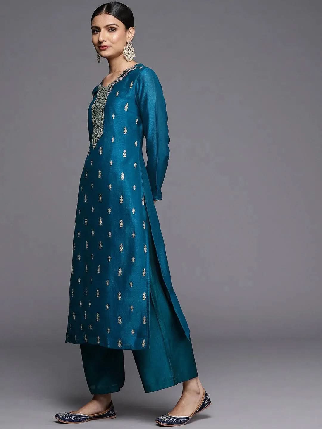 

Teal Embroidered Silk Straight Kurta