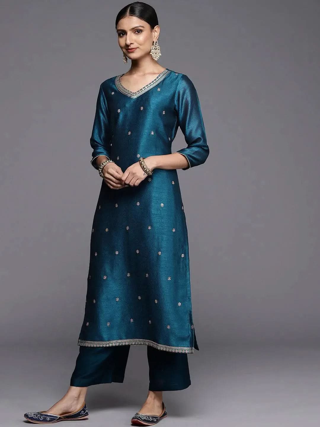 Teal Embroidered Silk Straight Kurta - Libas 