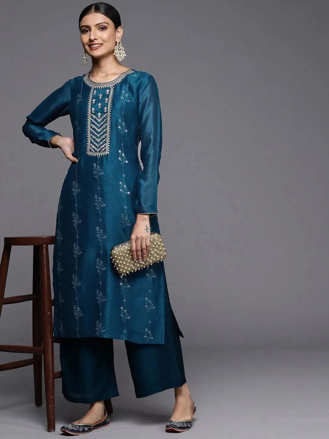 Teal Embroidered Silk Straight Kurta - Libas 