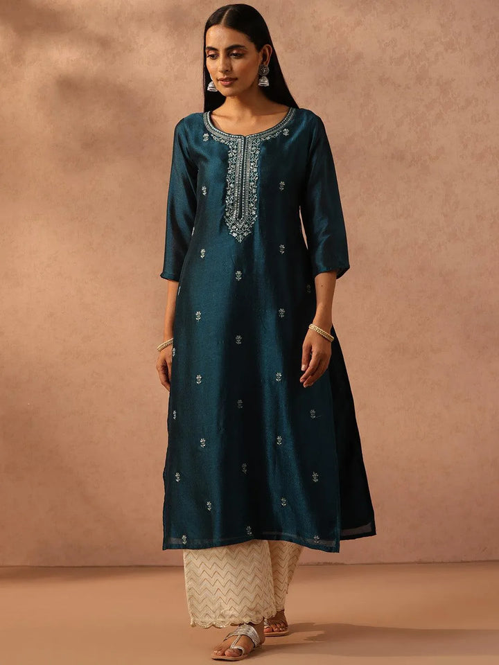 Teal Embellished Silk Straight Kurta - Libas