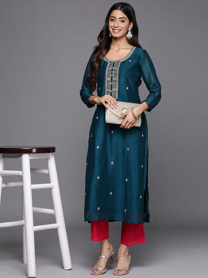 Teal Embellished Silk Straight Kurta - Libas