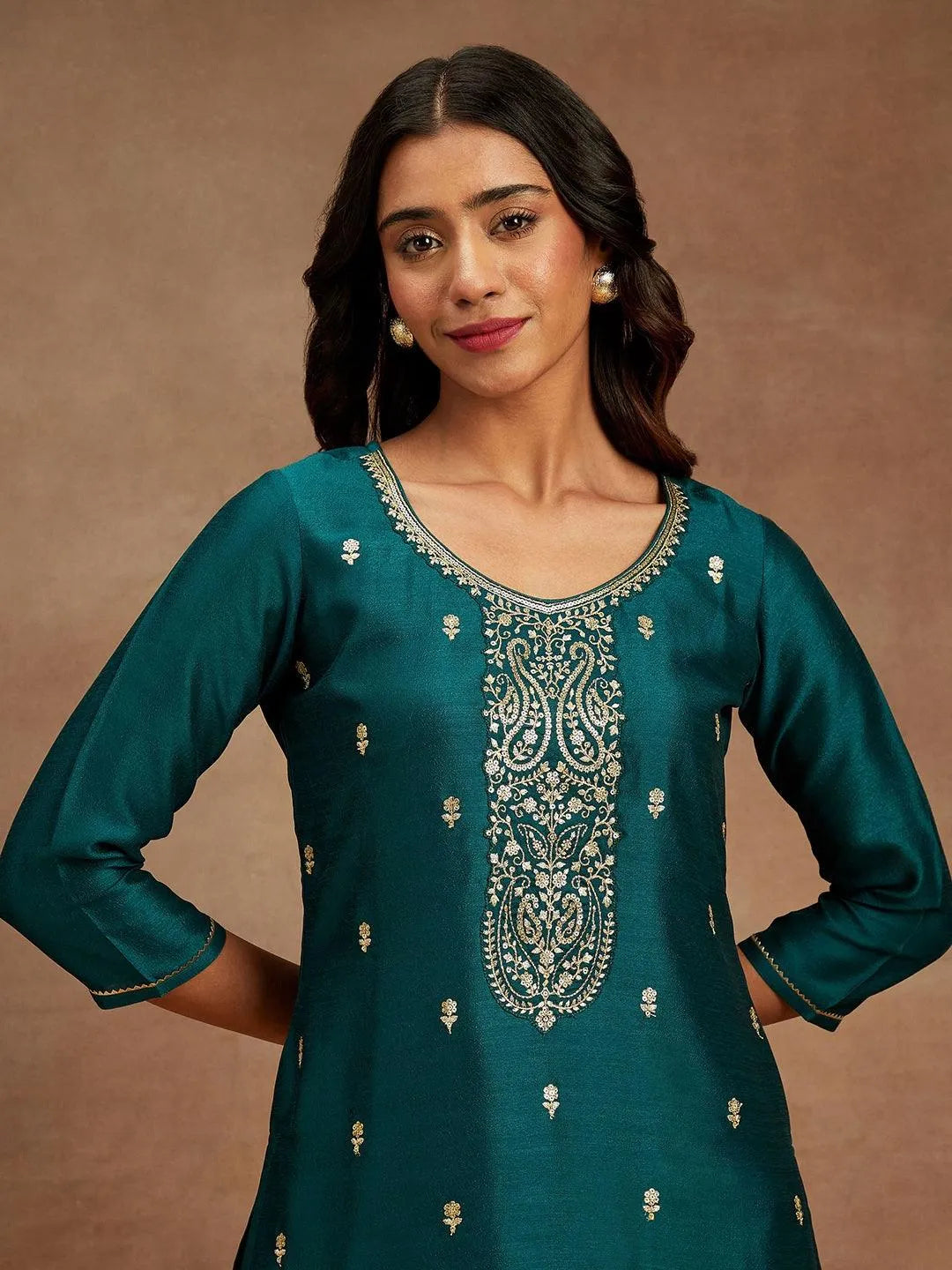 Teal Embroidered Silk Straight Kurta - Libas