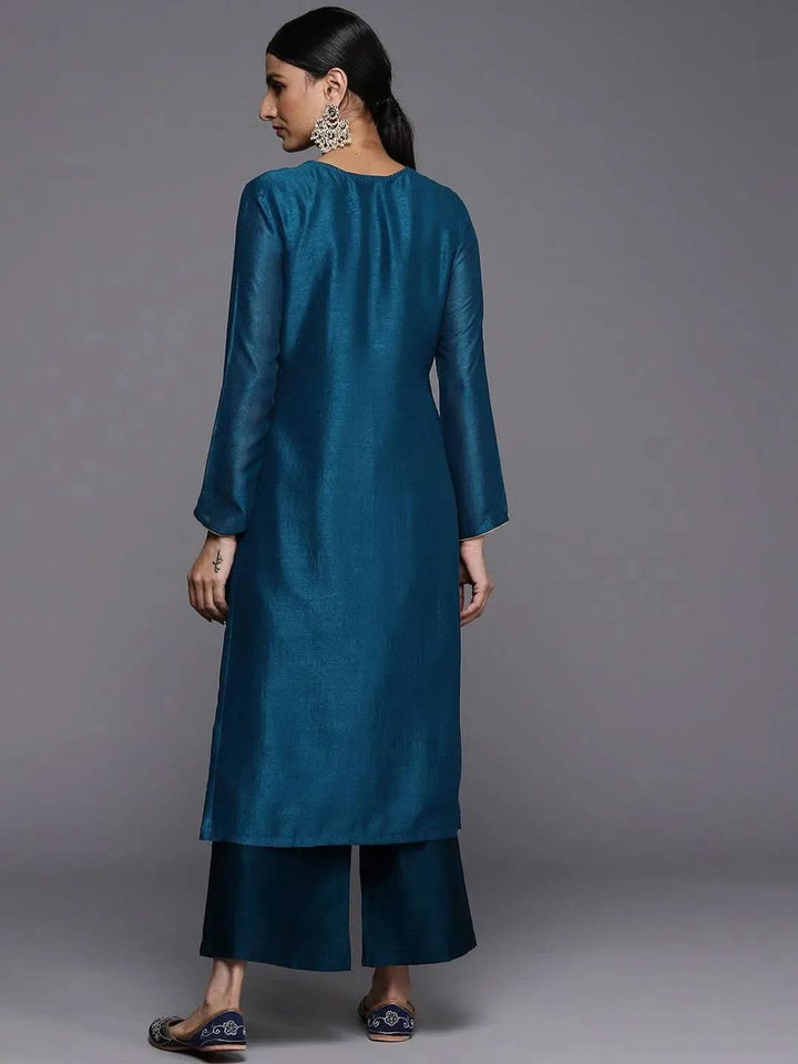 Teal Embroidered Silk Straight Kurta - Libas