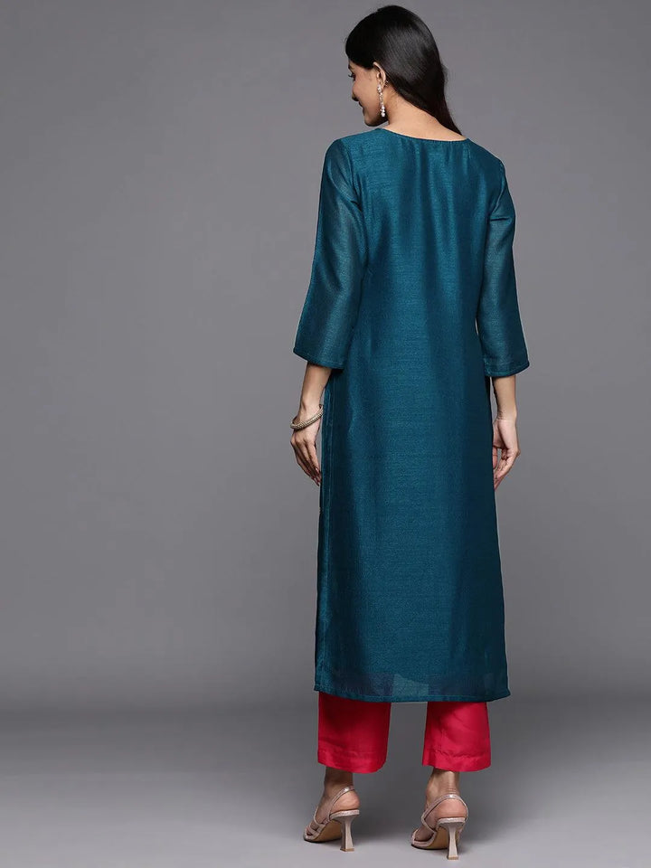 Teal Embellished Silk Straight Kurta - Libas