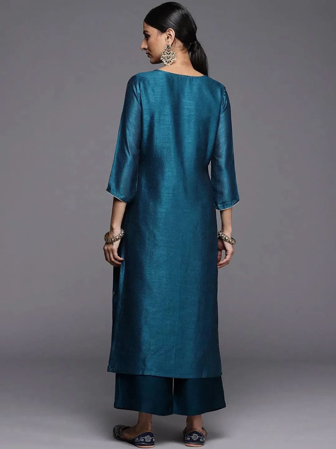 

Teal Embroidered Silk Straight Kurta