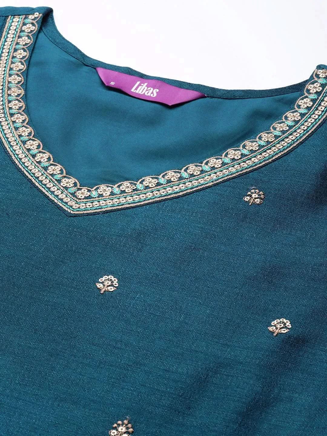 Teal Embroidered Silk Straight Kurta - Libas 
