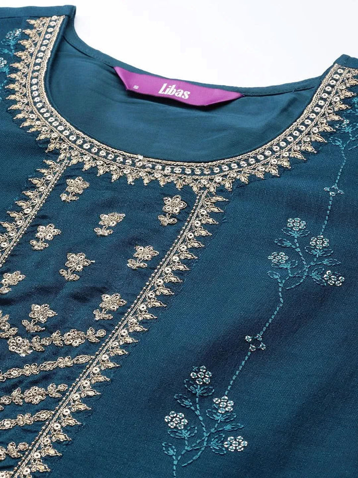 Teal Embroidered Silk Straight Kurta - Libas