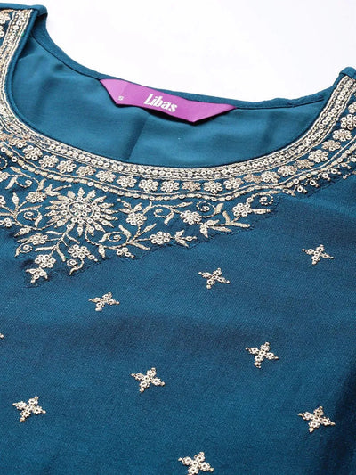 Teal Embroidered Silk Straight Kurta - Libas