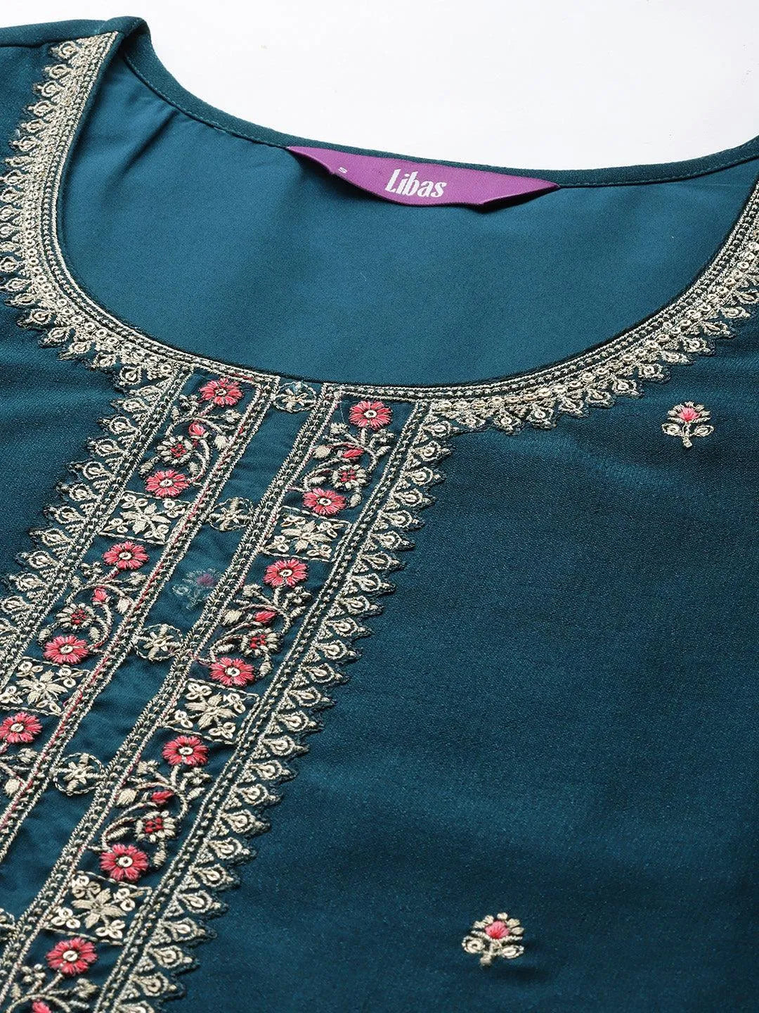 Teal Embellished Silk Straight Kurta - Libas 