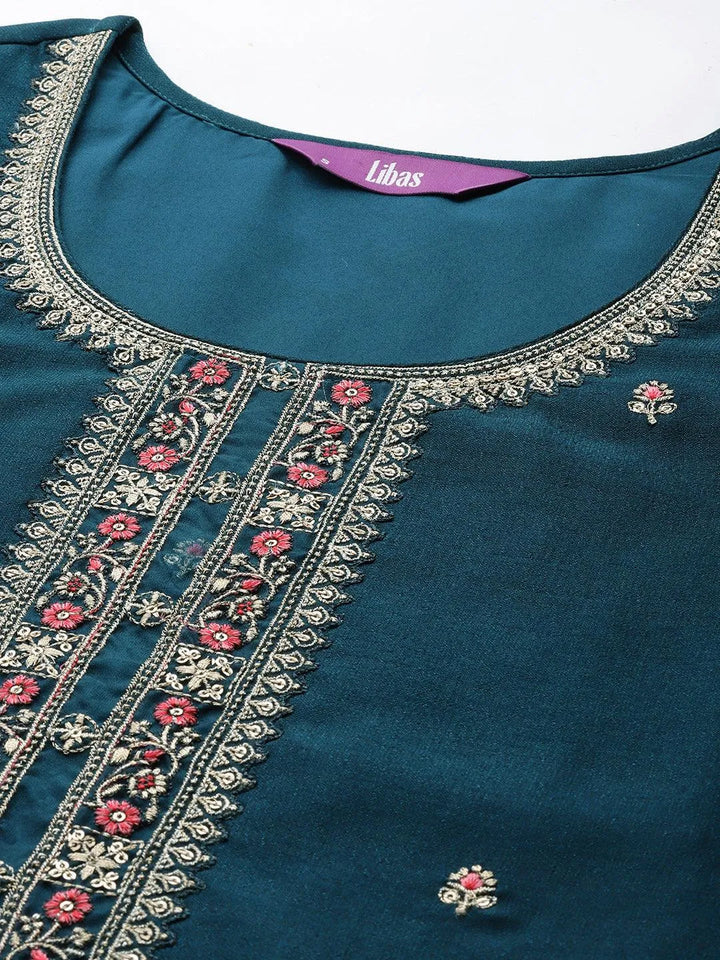 Teal Embellished Silk Straight Kurta - Libas