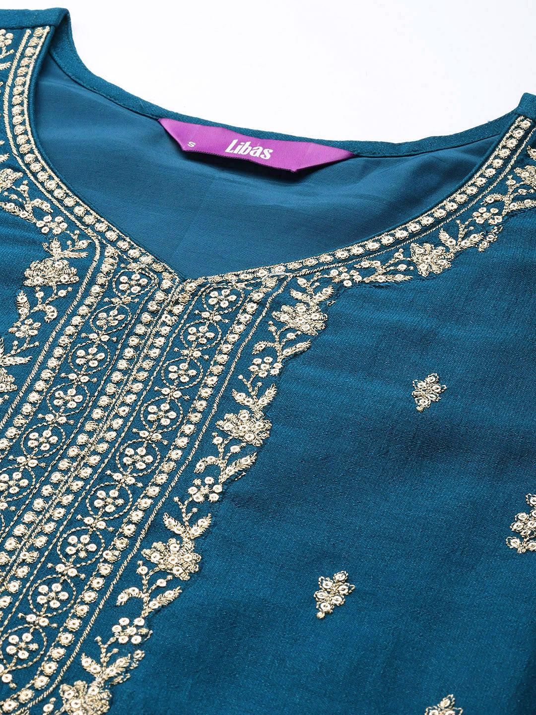 Teal Embroidered Silk Straight Kurta - Libas