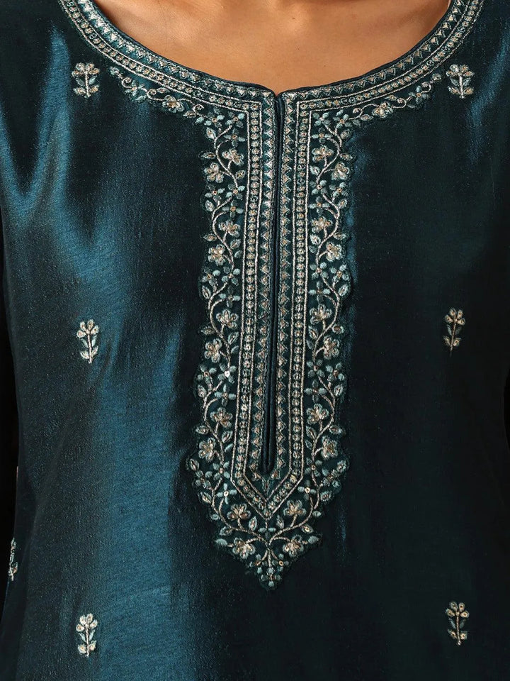 Teal Embellished Silk Straight Kurta - Libas