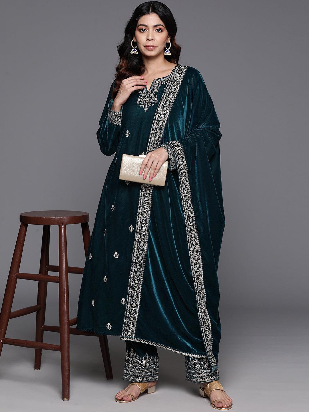Teal Embroidered Velvet A-Line Kurta With Trousers & Dupatta