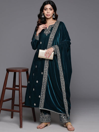 Teal Embroidered Velvet A-Line Kurta With Trousers & Dupatta - Libas