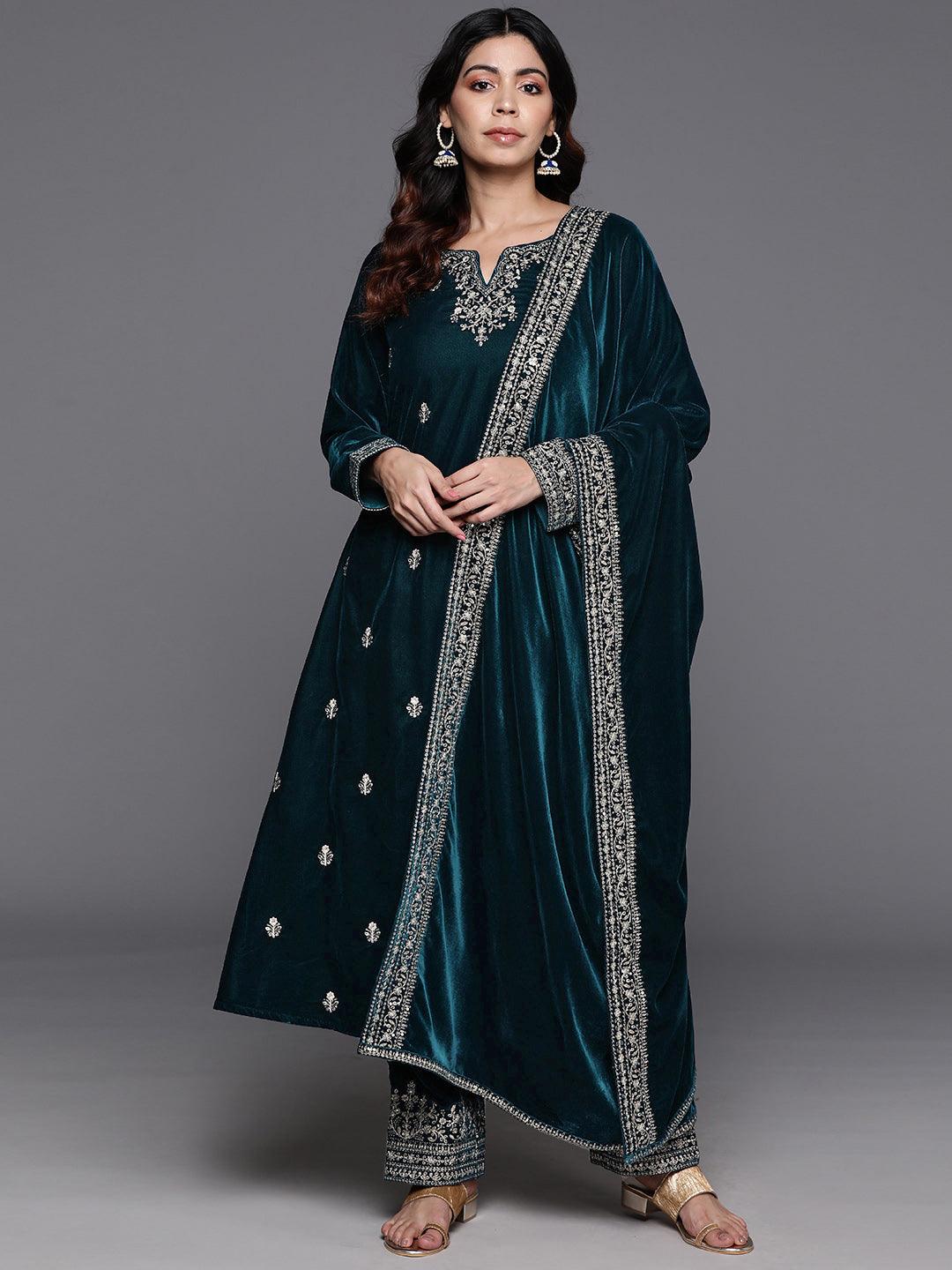 Teal Embroidered Velvet A-Line Kurta With Trousers & Dupatta