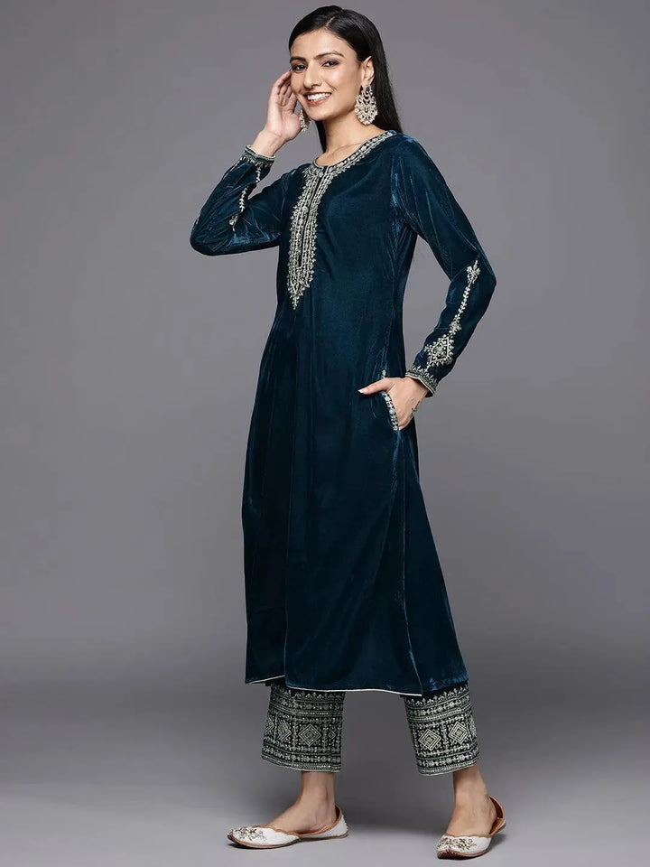 Teal Embroidered Velvet A-Line Suit Set - Libas