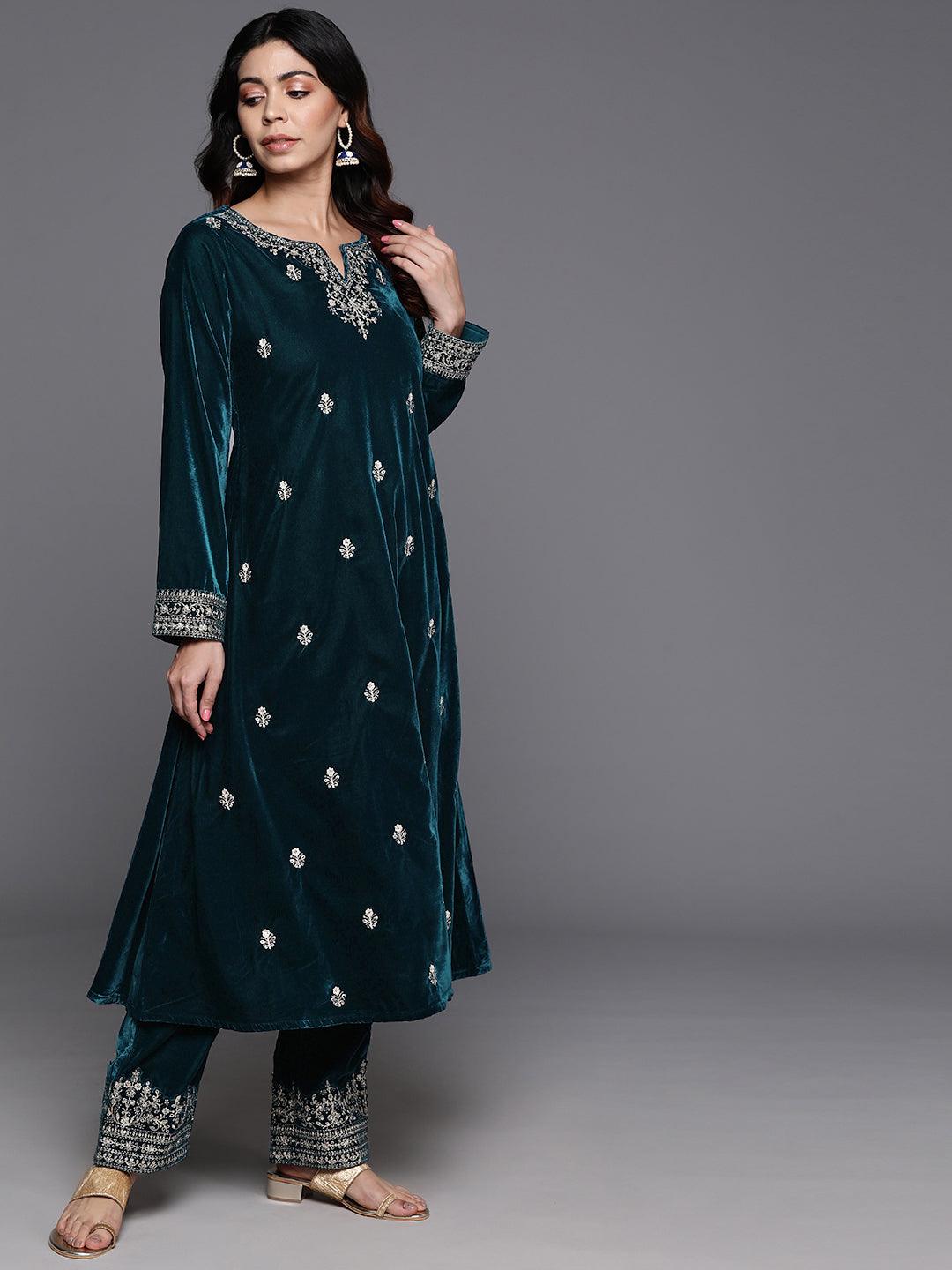 Teal Embroidered Velvet A-Line Kurta With Trousers & Dupatta - Libas