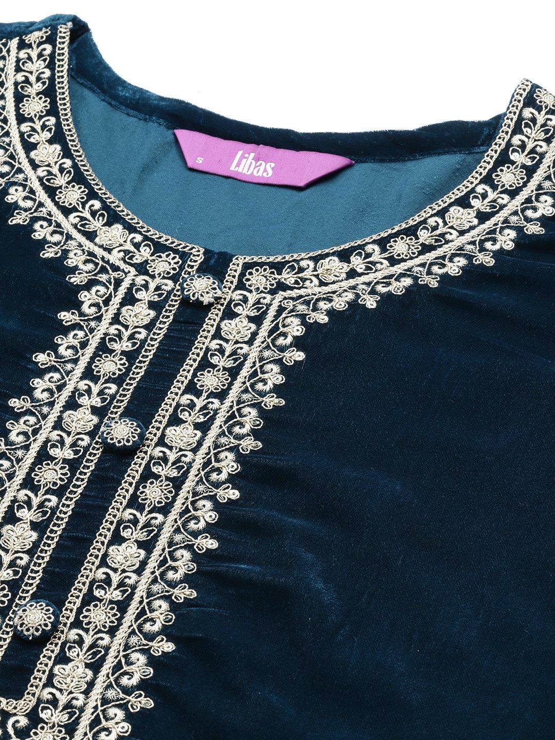 Teal Embroidered Velvet A-Line Suit Set - Libas