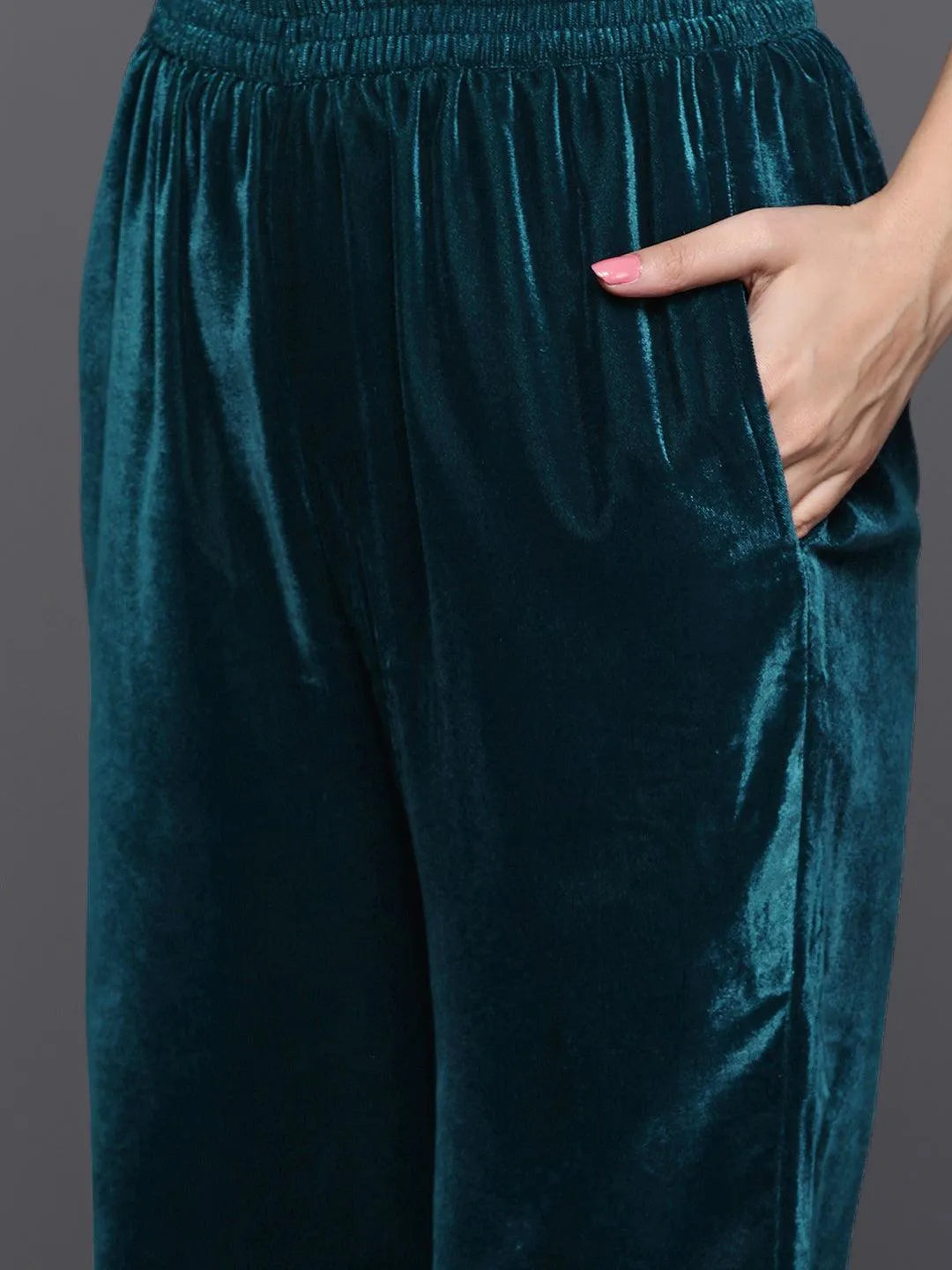 Teal Embroidered Velvet A-Line Kurta With Trousers & Dupatta - Libas 