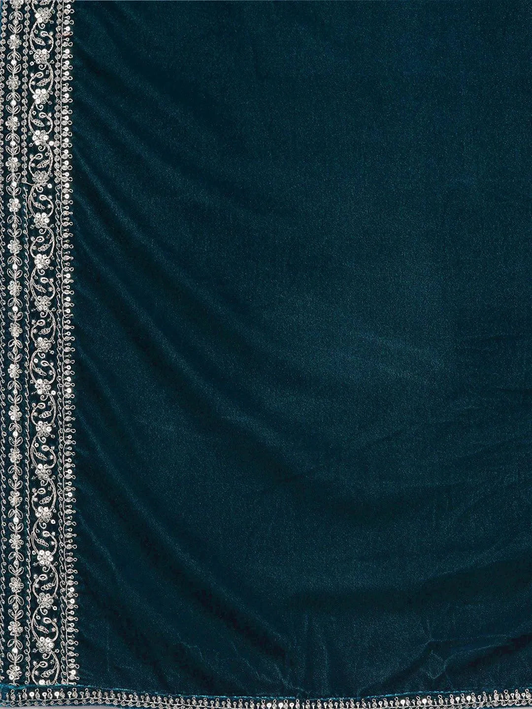 Teal Embroidered Velvet A-Line Kurta With Trousers & Dupatta - Libas 